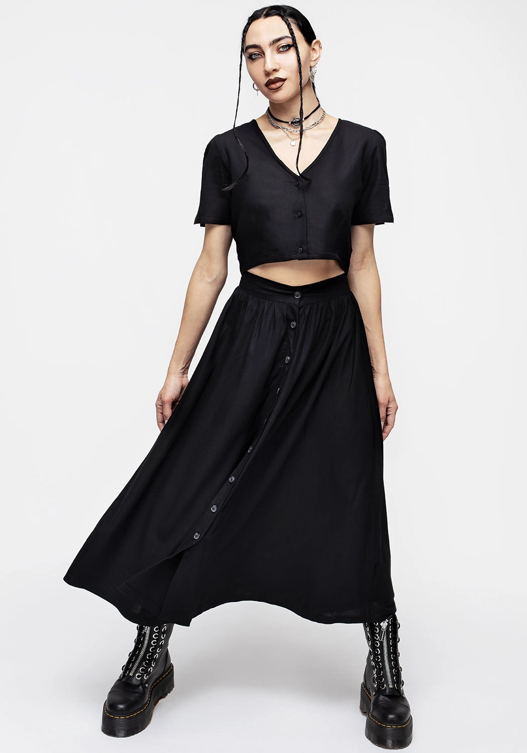 Maidenhair Button Down Midi Skirt - Midnight Black Sharp Look Laidback Mood