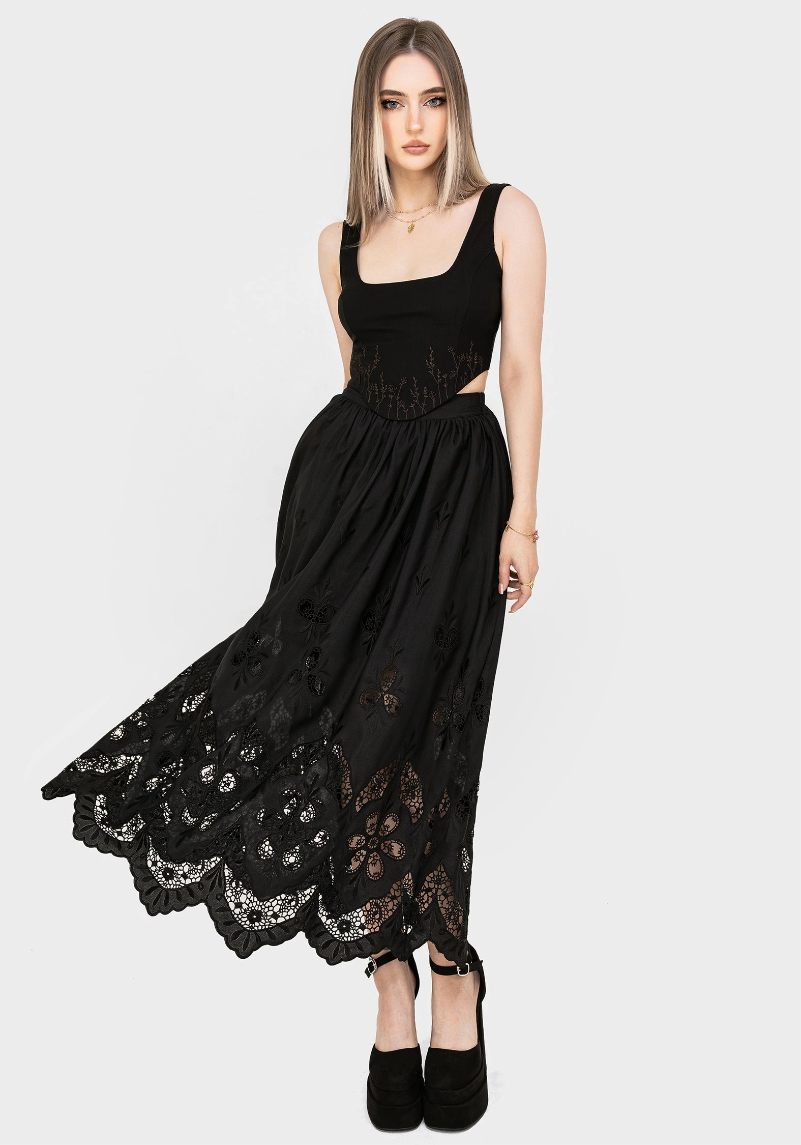 Minimalist Layering Crisp Finish Maple Broderie Hem Maxi Skirt