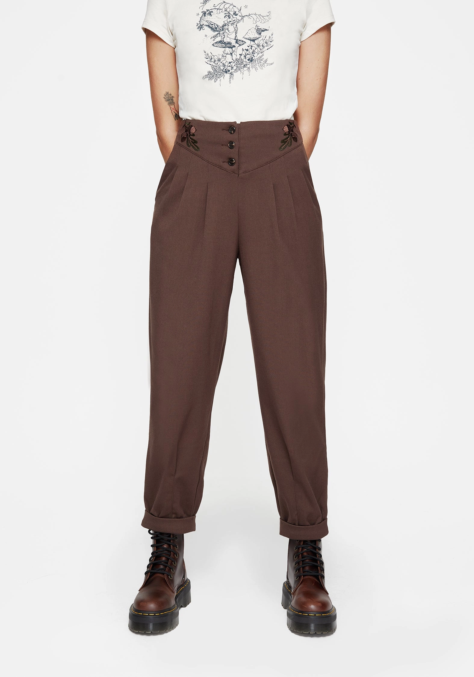 Marwood Acorn Embroidered Button Up Waist Balloon Trouser Easy Motion Workout-ready
