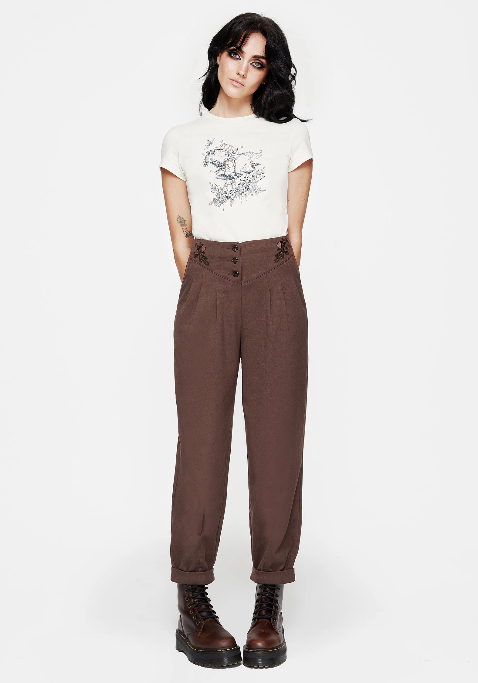 Rayon drape NonRestrictiveFit Marwood Acorn Embroidered Button Up Waist Balloon Trouser