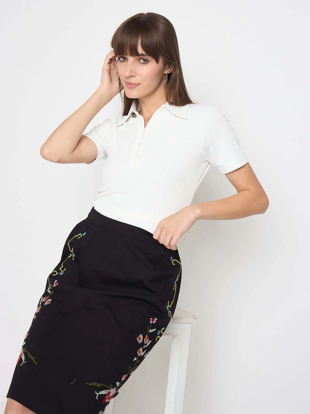 vacation wear Madame Pique Solid White Polo T-shirt