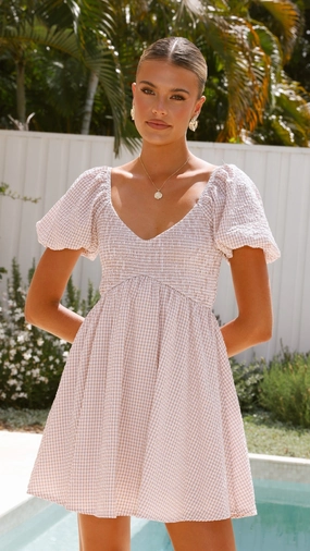 Timeless Design Sahirah Mini Dress - Beige / White Gingham