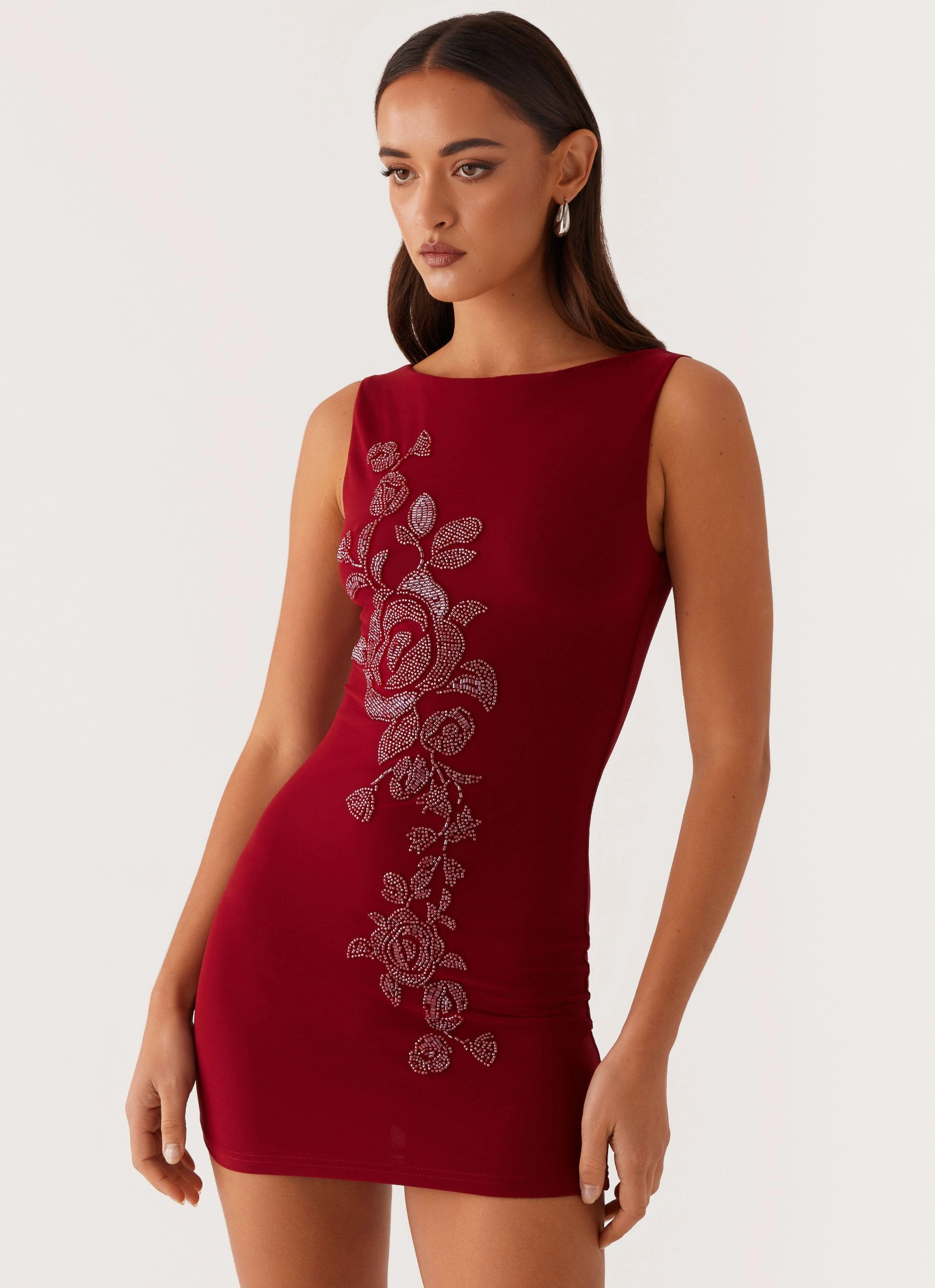 Matteo Beaded Mesh Mini Dress - Deep Red polka-dot Basic Shape