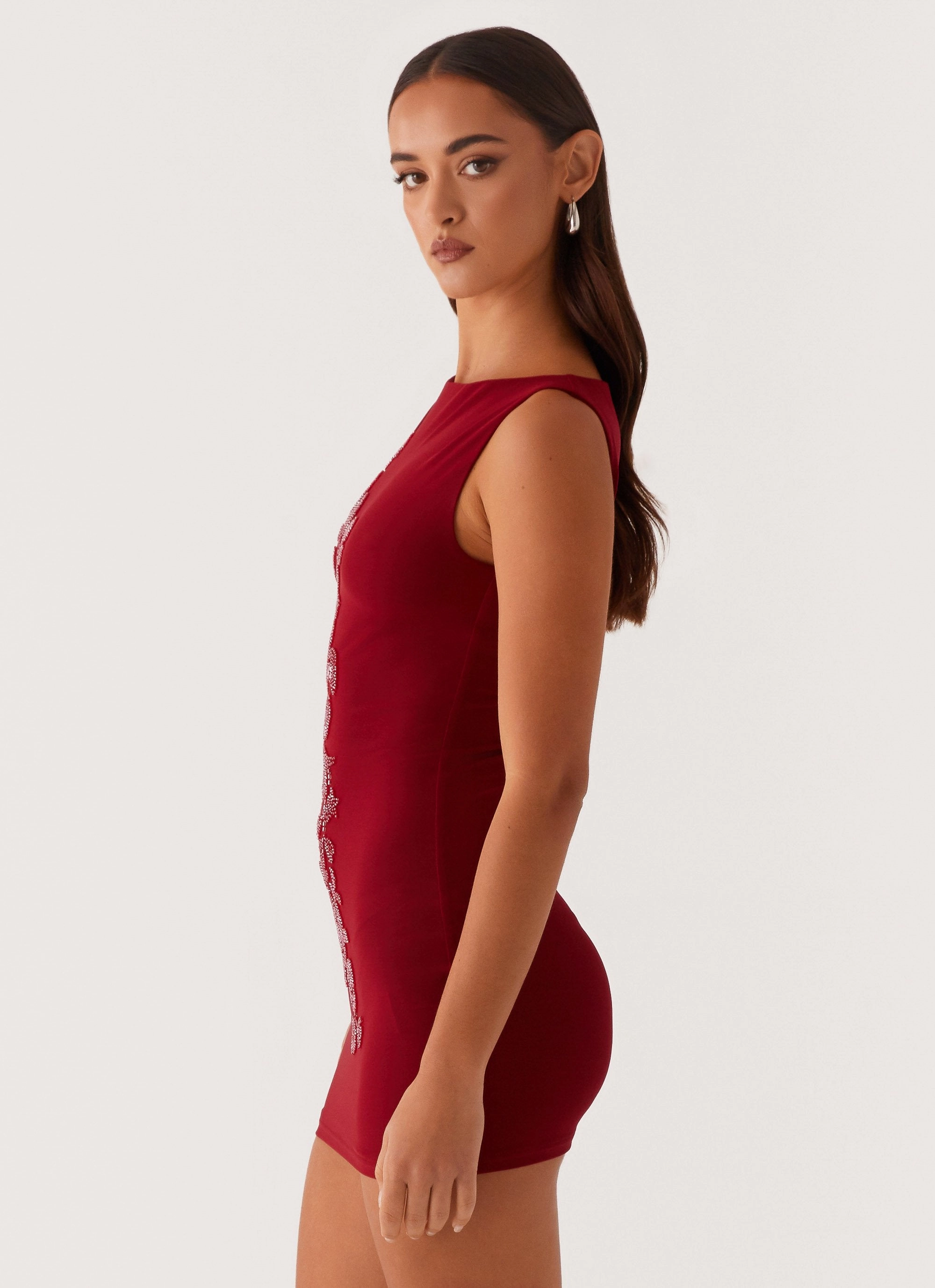 Matteo Beaded Mesh Mini Dress - Deep Red Trendy Fit Look Contemporary Layer