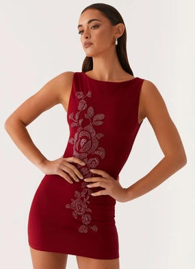 Matteo Beaded Mesh Mini Dress - Deep Red Fresh Look