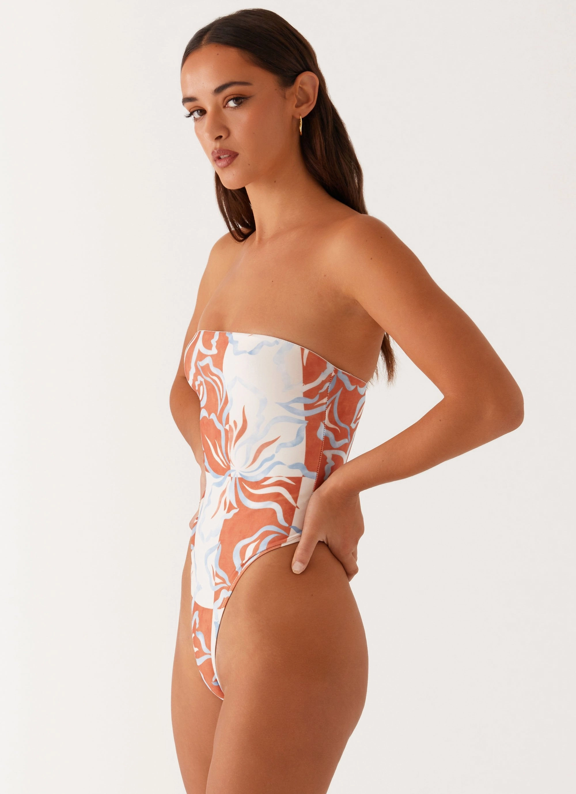 Maxine Strapless One Piece Swimsuit - Orange Blue Floral Summer Pack