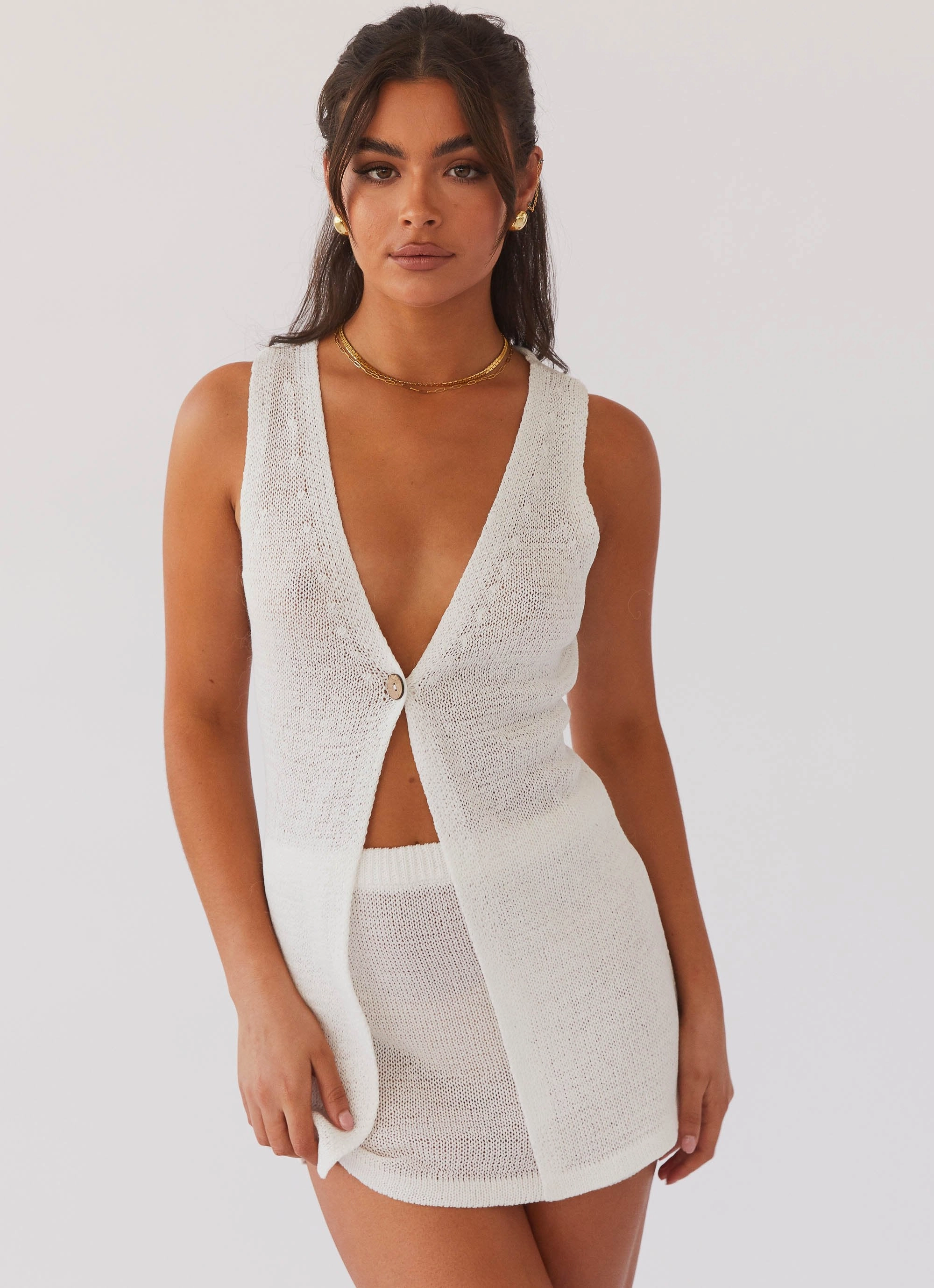 Capri Glow Knit Mini Skirt - White Hygienic Coating