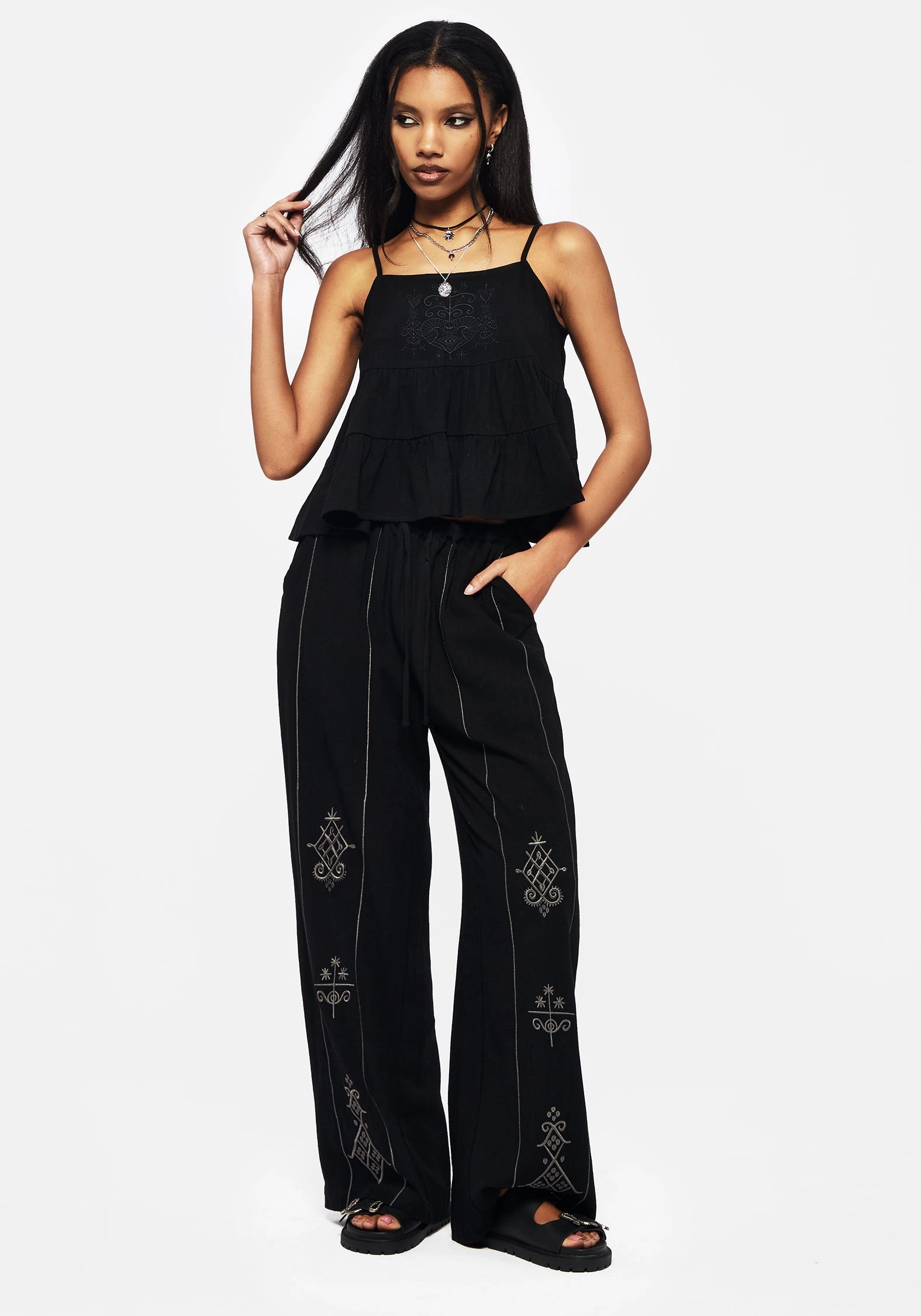 Multi Panel Construction Merrymount Embroidered Wide Leg Trouser