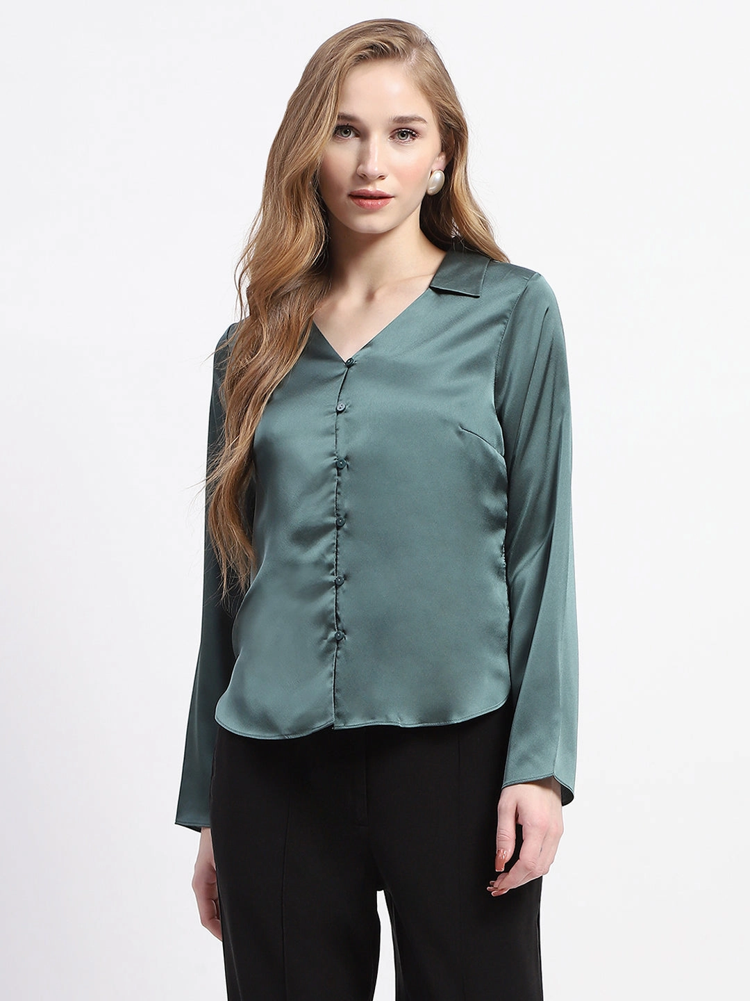 Flatlock stitching Madame Satin Bell Sleeve Collared Solid Jade Green Top