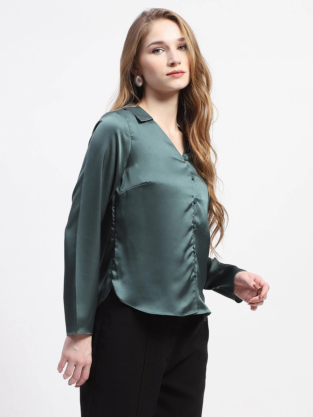 All-Purpose Wear Chic Look Madame Satin Bell Sleeve Collared Solid Jade Green Top