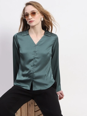 Metallic Finish Recycled Polyester Blend Madame Satin Bell Sleeve Collared Solid Jade Green Top