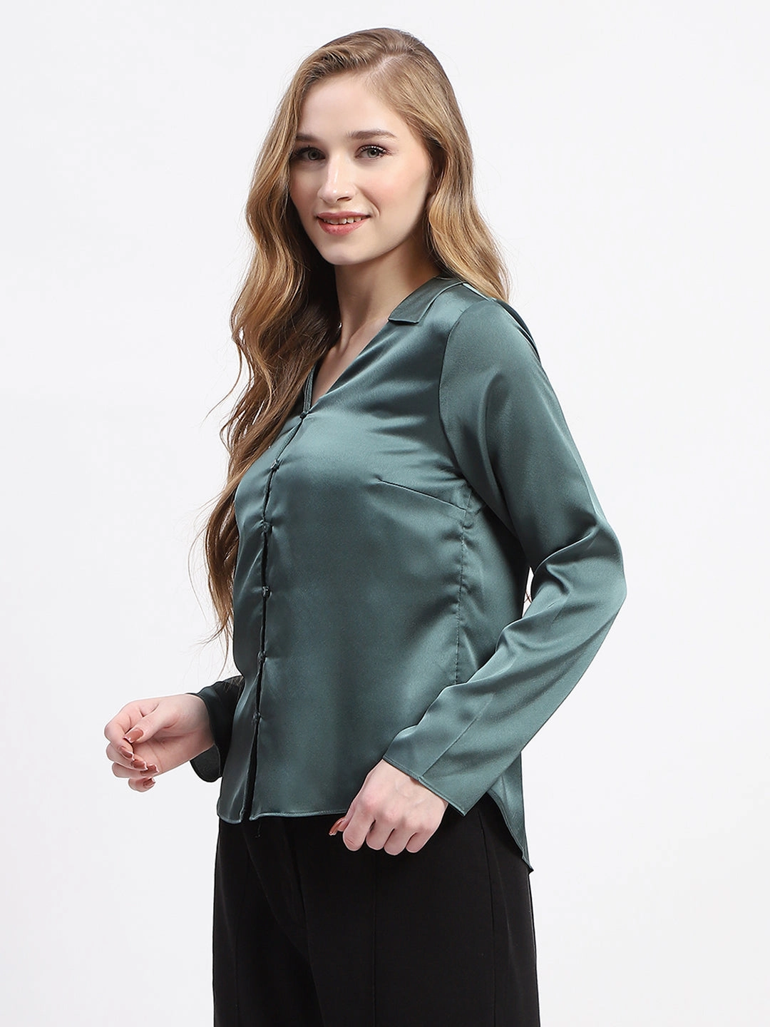 Madame Satin Bell Sleeve Collared Solid Jade Green Top Lightweight Weave Tall Length