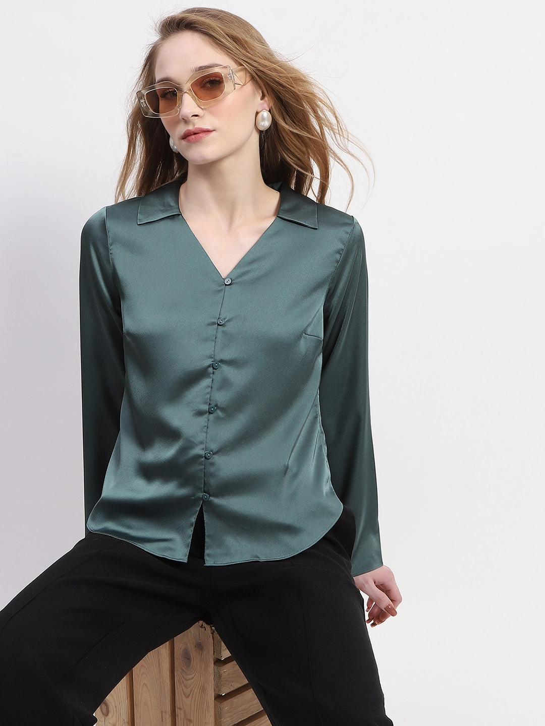 Metallic Finish Recycled Polyester Blend Madame Satin Bell Sleeve Collared Solid Jade Green Top