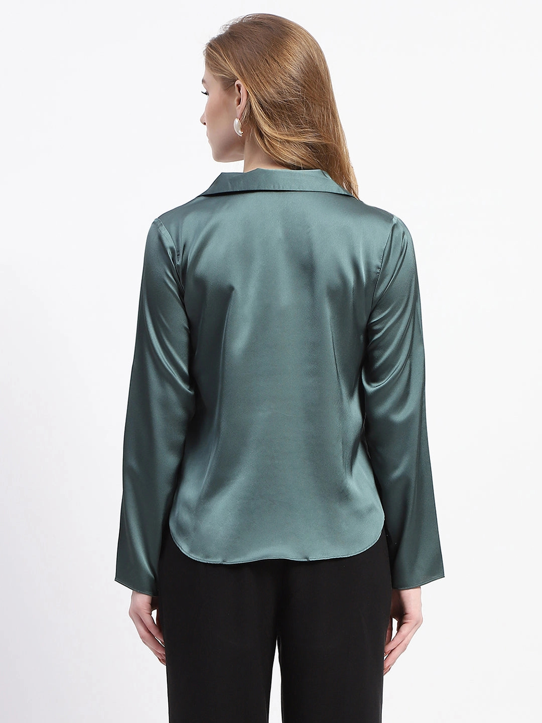 Fitted Silhouette Madame Satin Bell Sleeve Collared Solid Jade Green Top