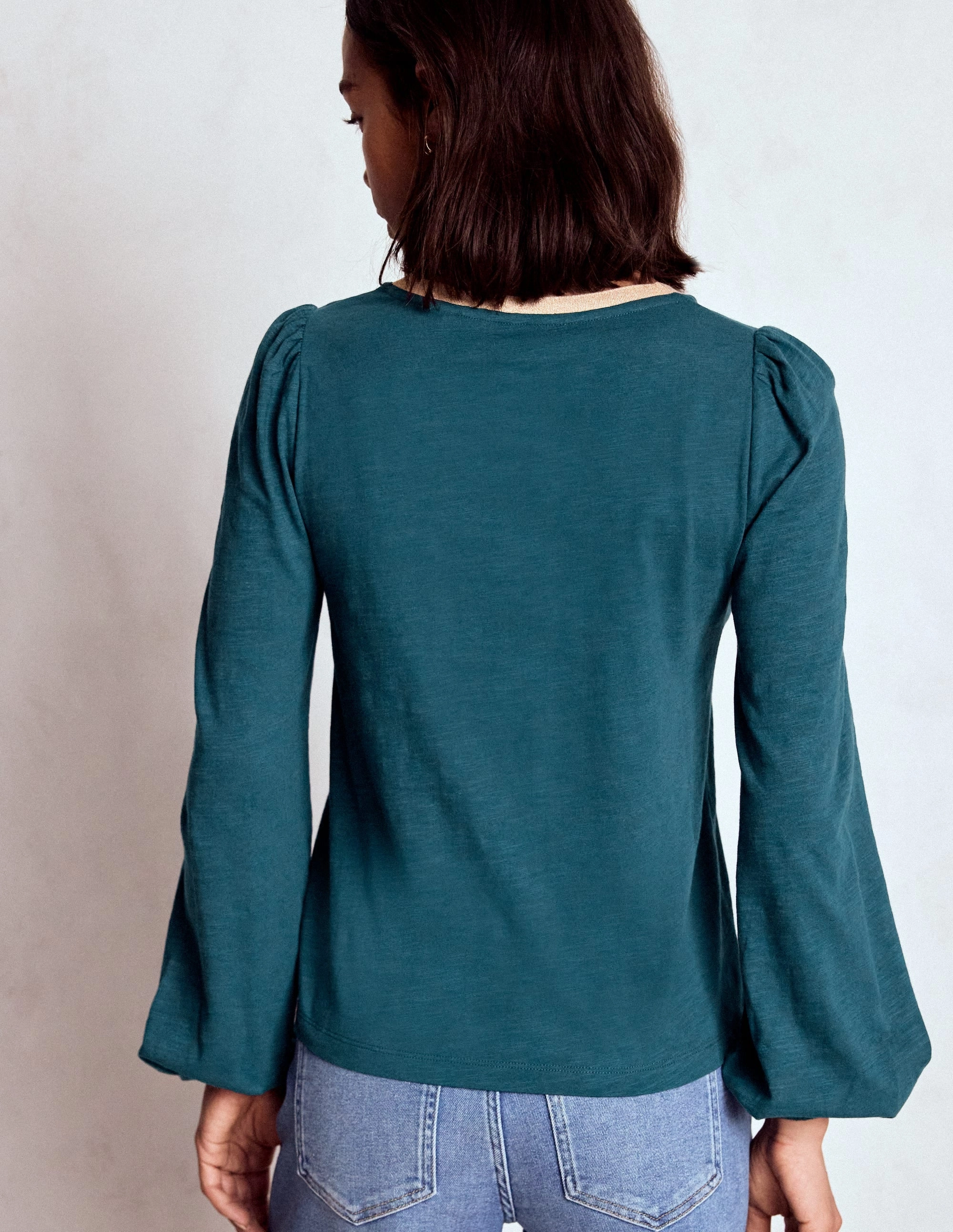 Metallic Trim Long Sleeve Top-Midnight Teal Sporty T-shirt Durable Reinforced Hem
