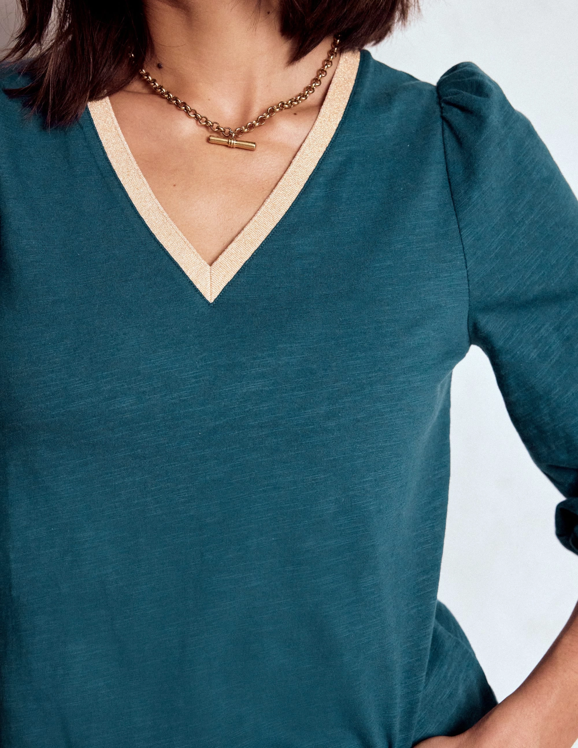 Metallic Trim Long Sleeve Top-Midnight Teal Breathable Ventilation