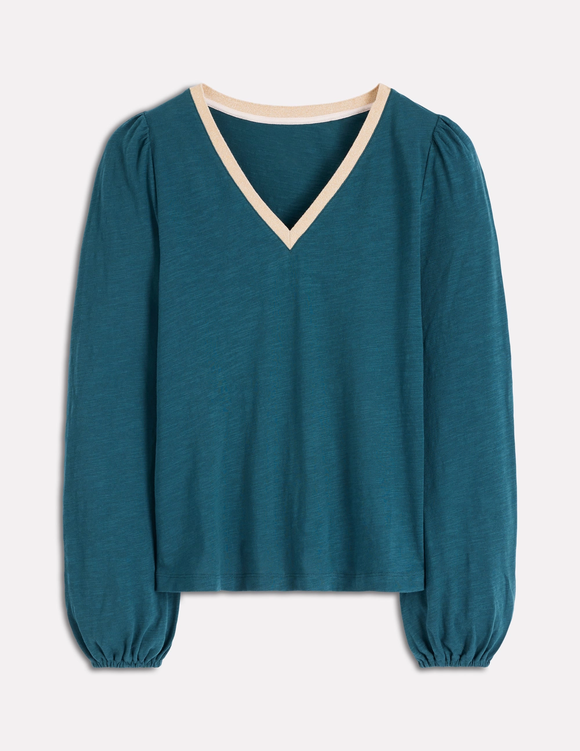 Metallic Trim Long Sleeve Top-Midnight Teal SelfFabric Binding