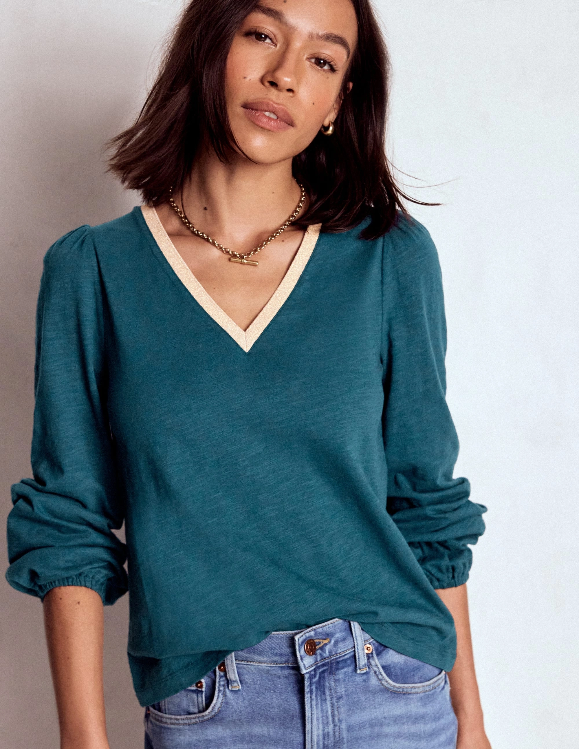 Metallic Trim Long Sleeve Top-Midnight Teal Printed Hoodie