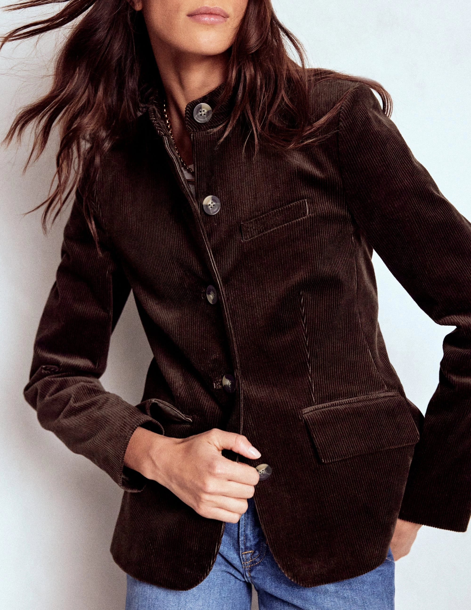 Military Cord Jacket-Espresso Magnetic Closure Options Notch Lapel