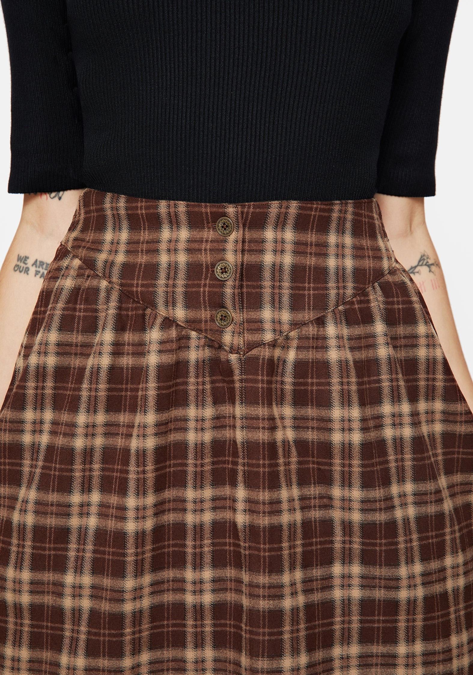 Detachable Tie Soft Finish Milo Check Button Down Front Split Midi Skirt