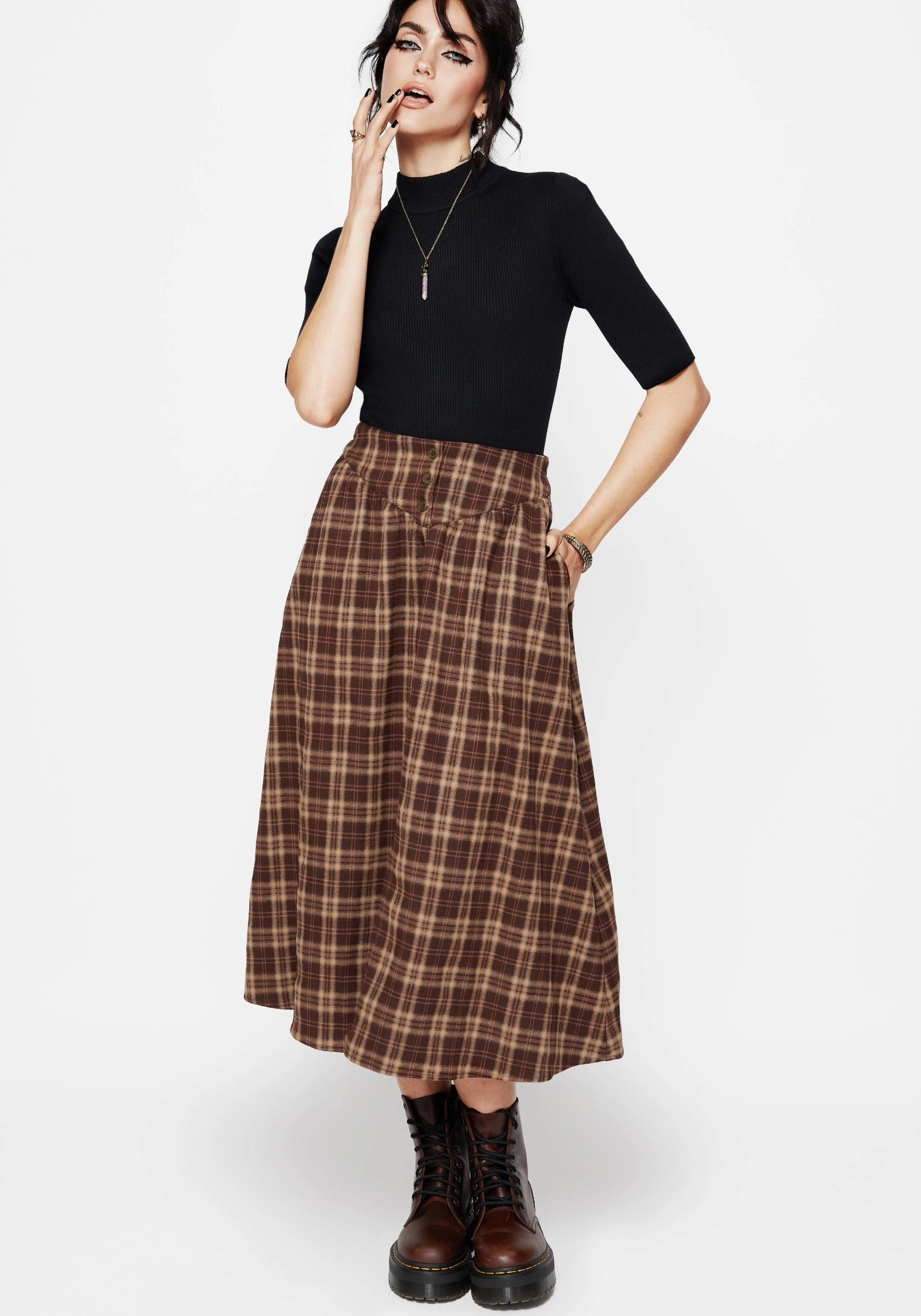 Milo Check Button Down Front Split Midi Skirt Weekend Outfit