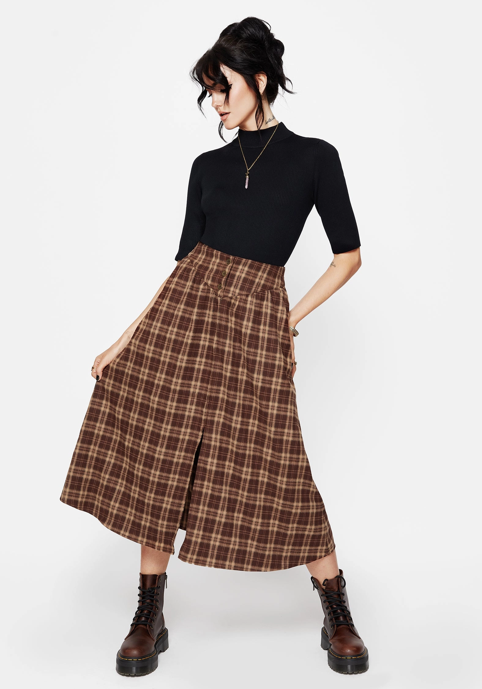 Modest Wear Button Fastenings Milo Check Button Down Front Split Midi Skirt