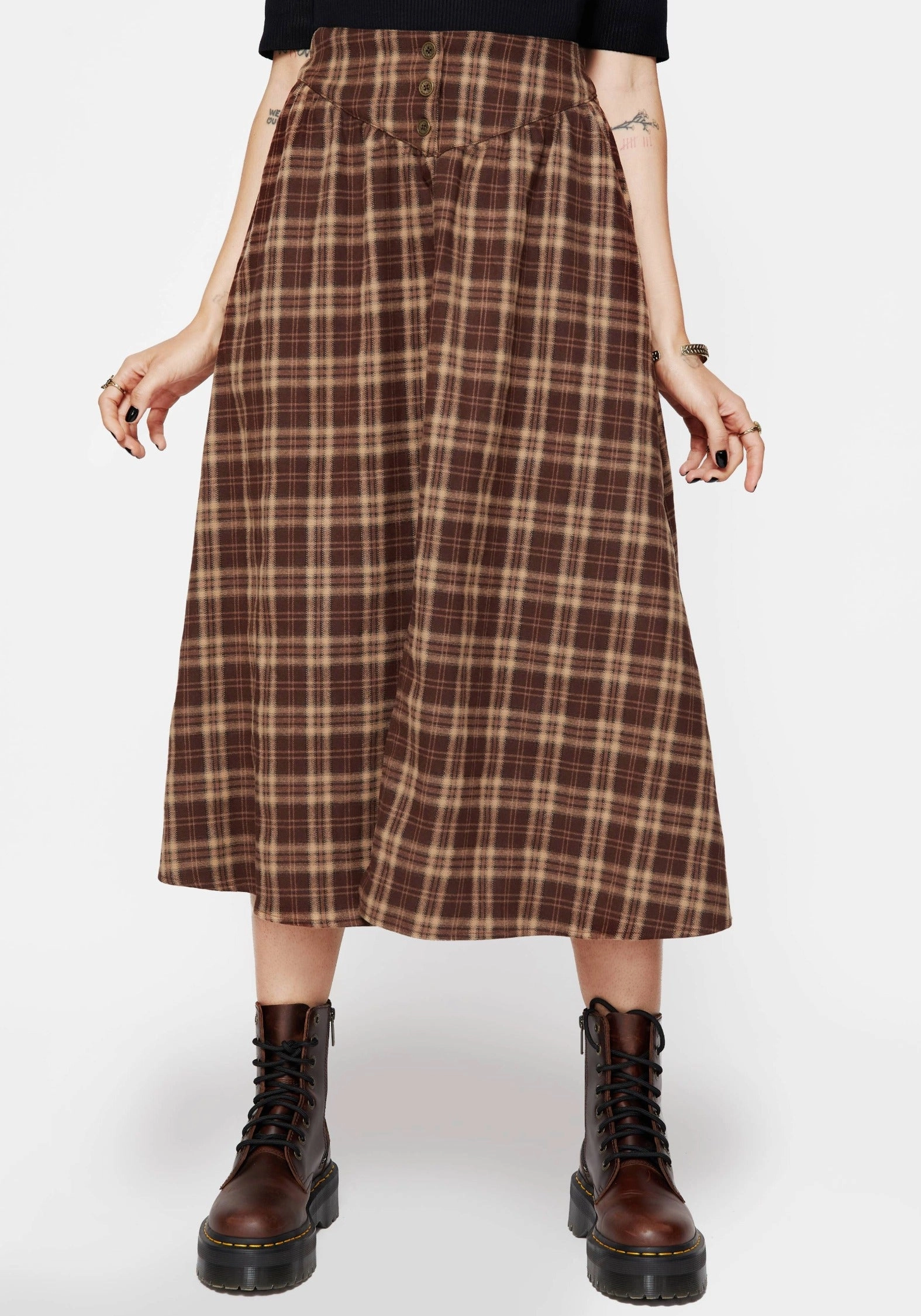 Milo Check Button Down Front Split Midi Skirt Simple Layers Back Slit