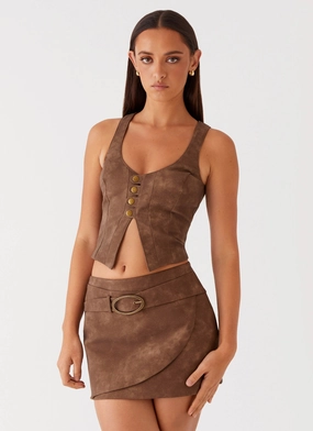 West District PU Mini Skirt - Brown Luxury Trim