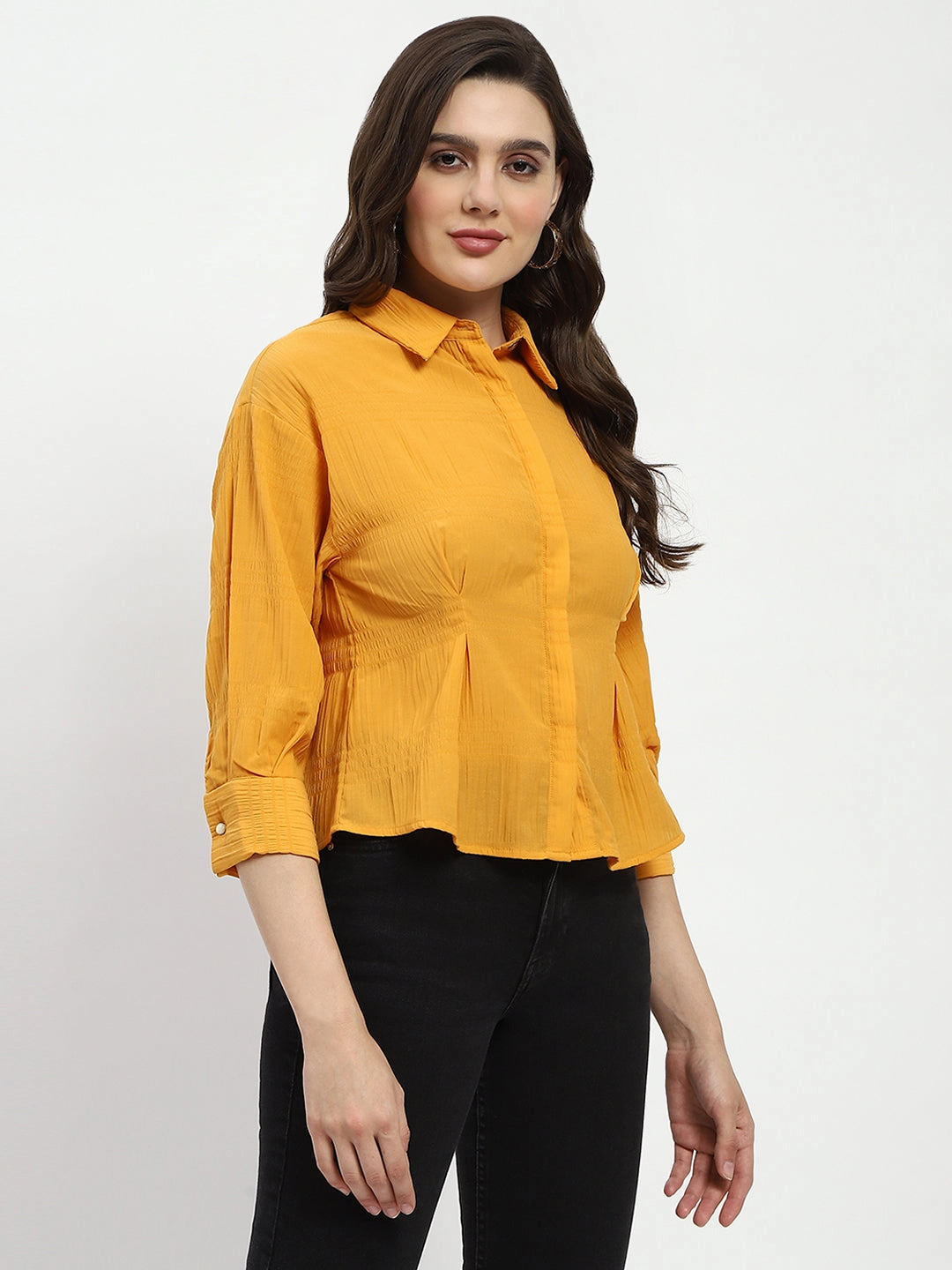 Reinforced Elasticity Flexible Design Madame Cinched Waist Mustard Shirt