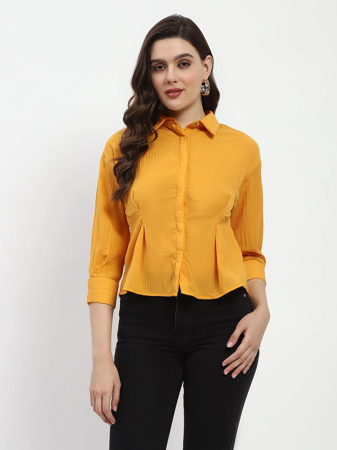 Madame Cinched Waist Mustard Shirt Mature Elegance