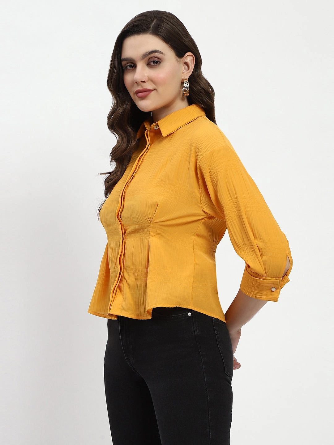 Madame Cinched Waist Mustard Shirt Reinforced Shoulders