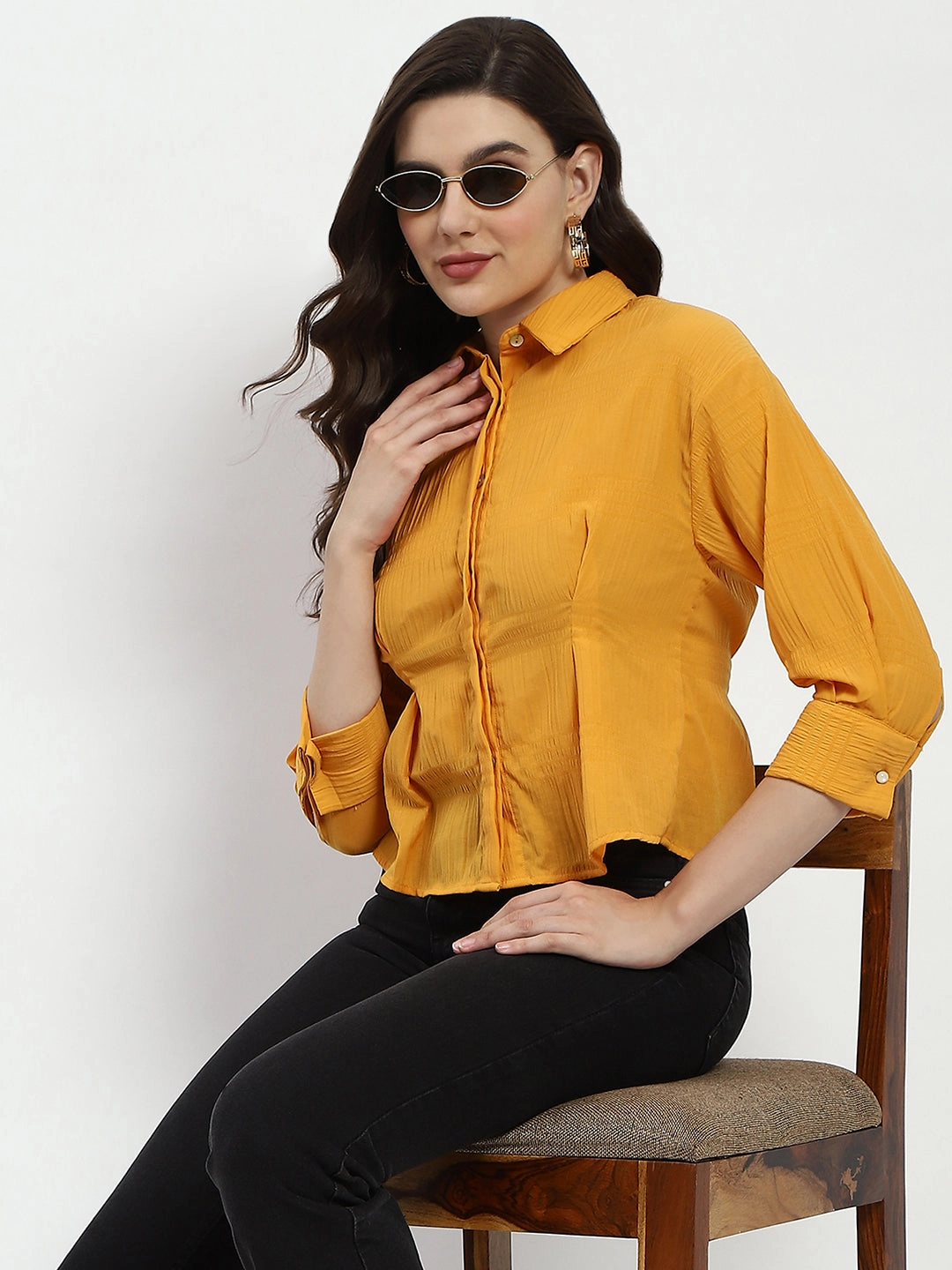 Madame Cinched Waist Mustard Shirt Smooth Texture