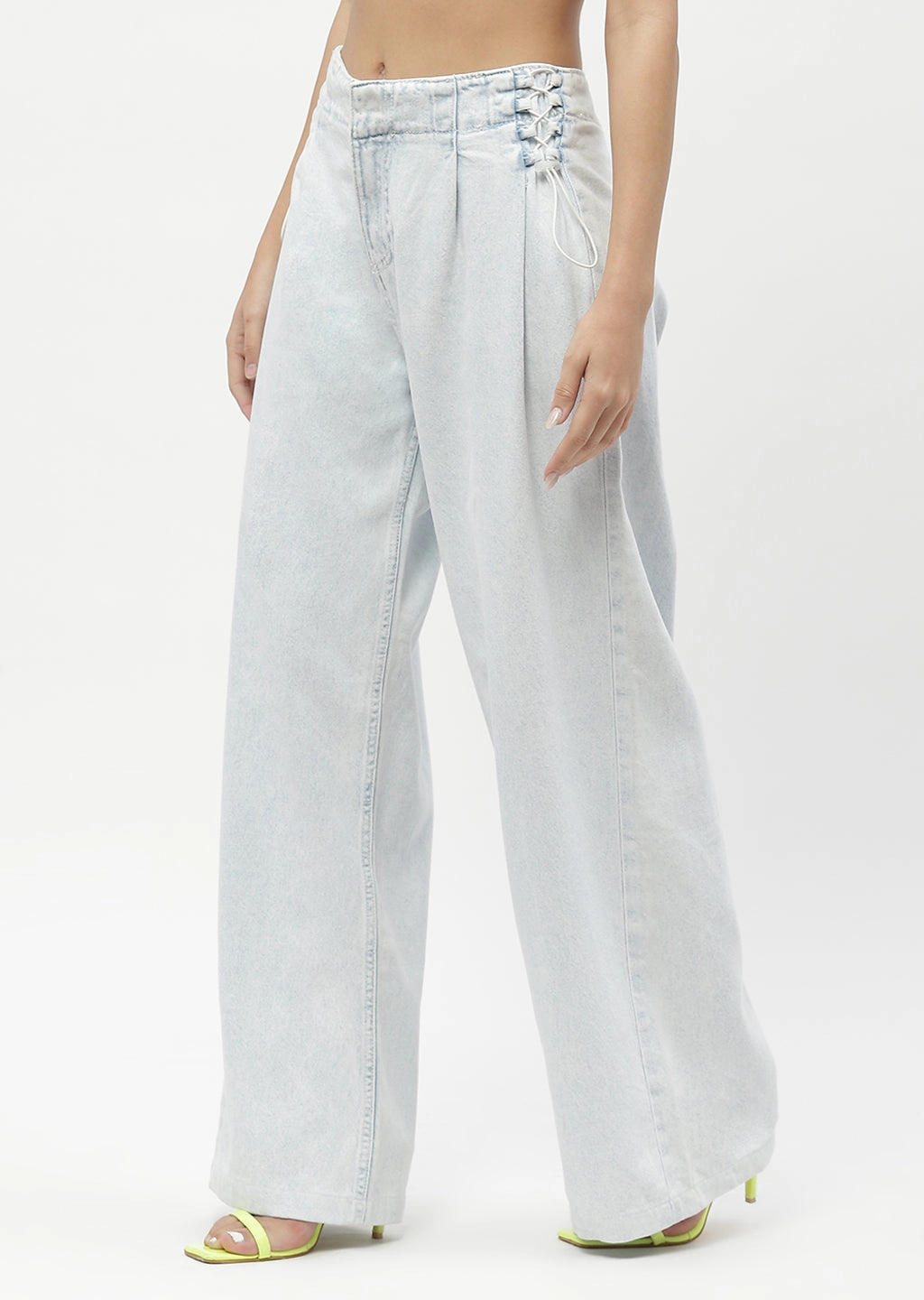 Madame Shanaya Kapoor Side Strings Ice Blue Wide Leg Jeans Adjustable Belt Loops Sophisticated Look