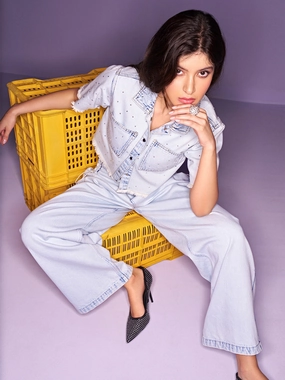 Temperature Regulating Fabric Urban Explorer Trend Setter Madame Shanaya Kapoor Side Strings Ice Blue Wide Leg Jeans