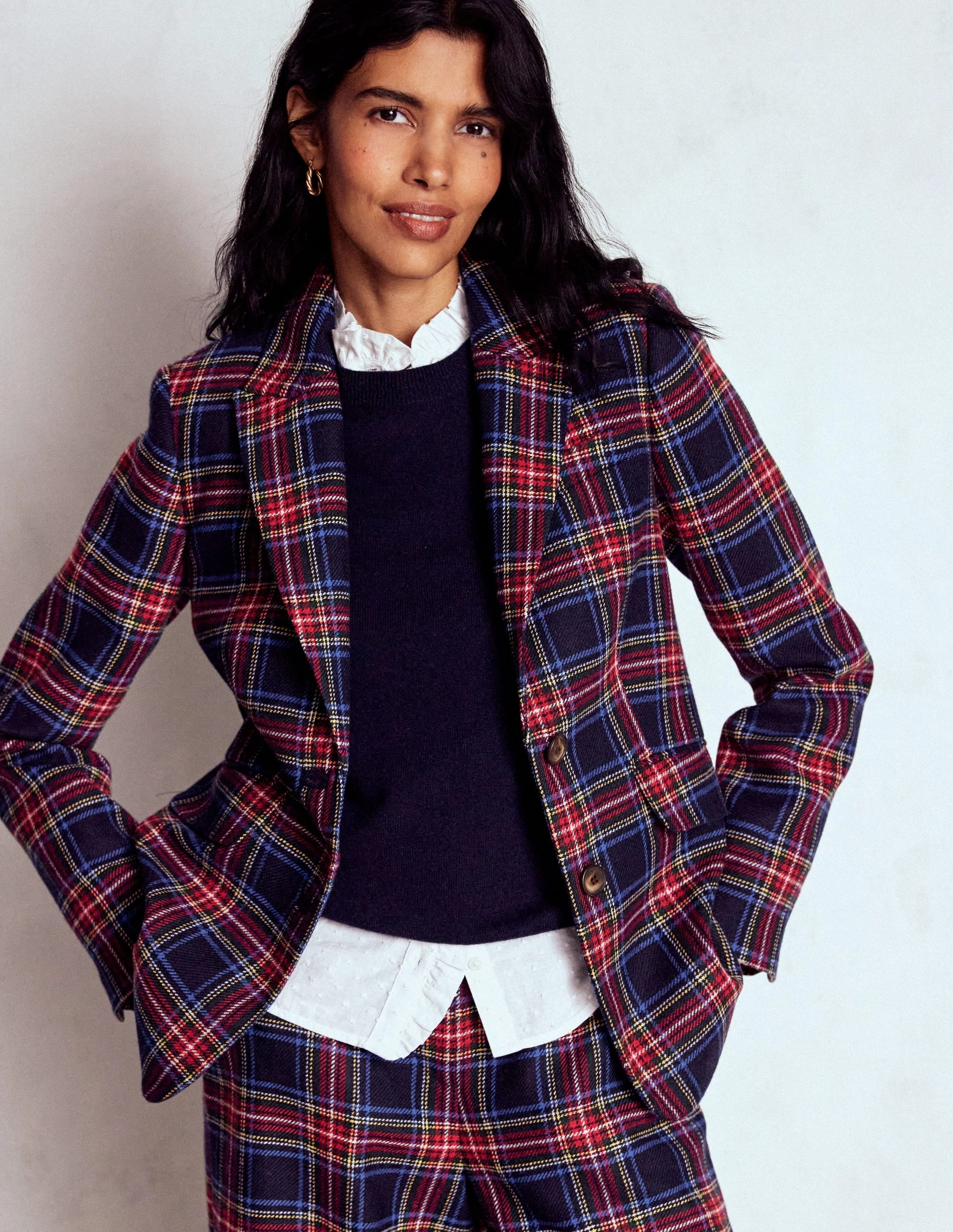 Stamford Wool-Blend Blazer-Navy, Green and Red Check UV Protective Coating Heat Sealed Zippers