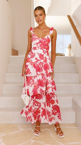 Achelle Maxi Dress - Red Floral Glossy-Finish