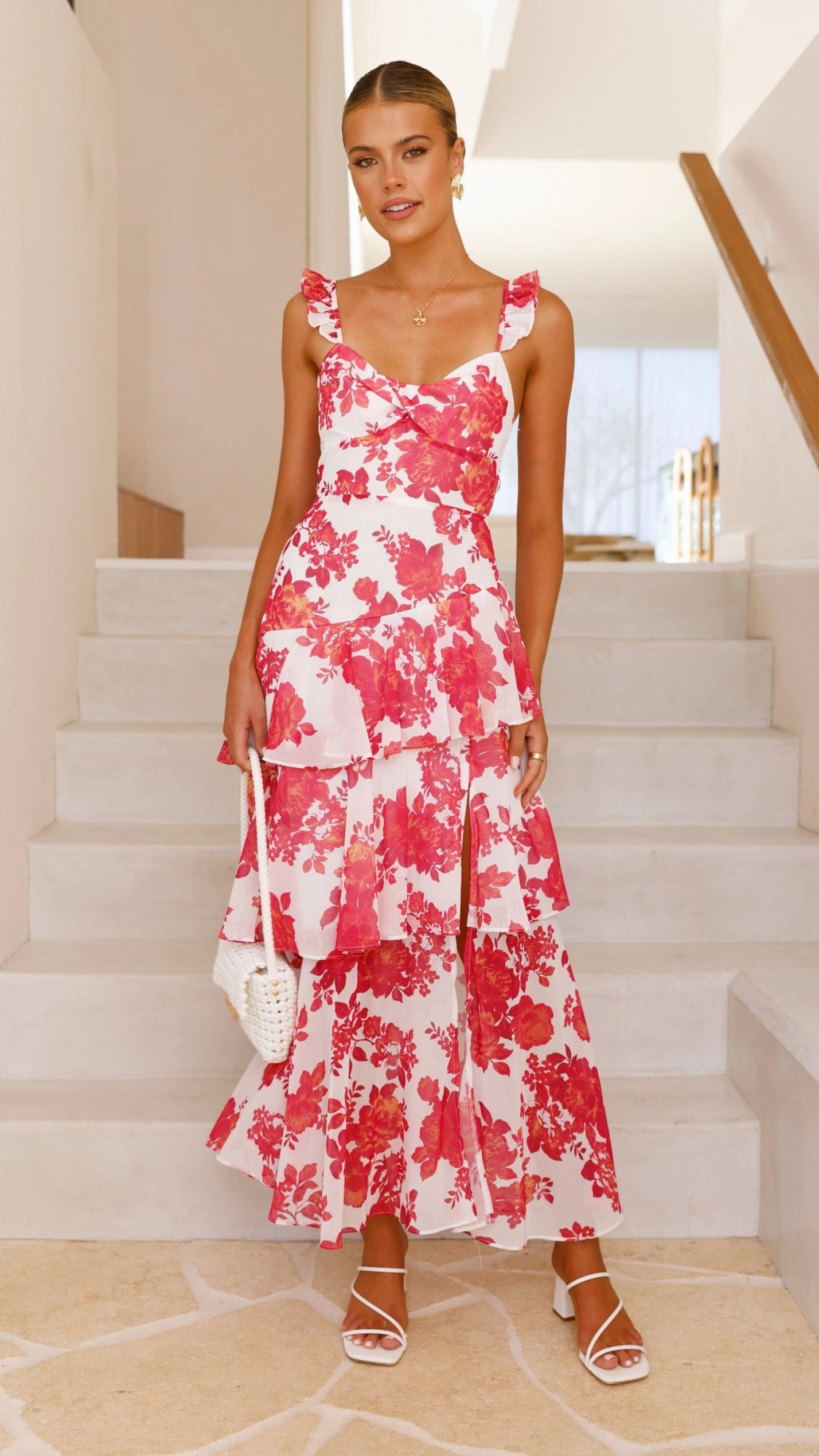 Achelle Maxi Dress - Red Floral Glossy-Finish