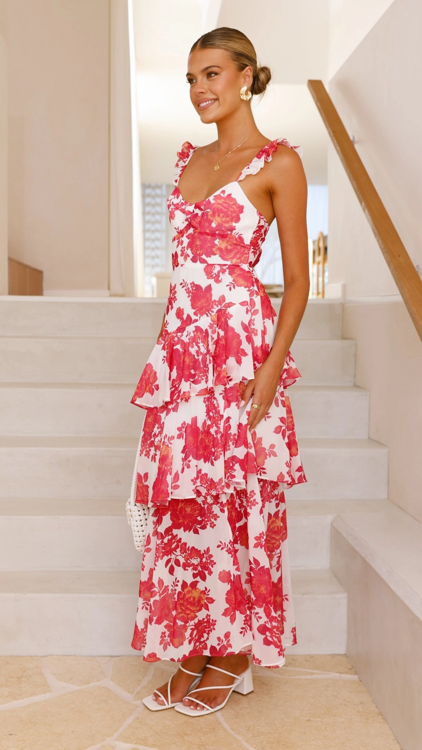 Achelle Maxi Dress - Red Floral Feminine fit-and-flare silhouette Crisp Texture