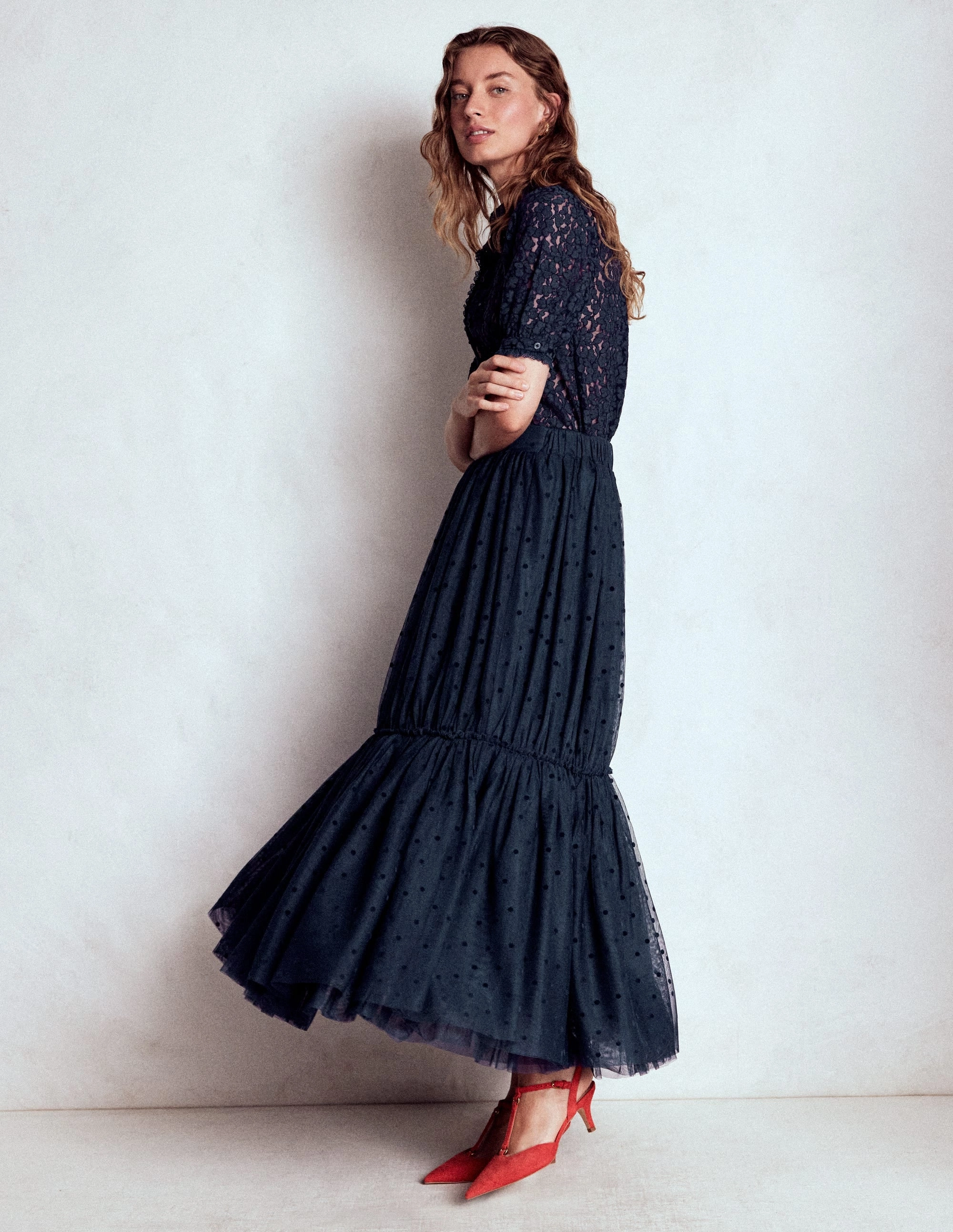 Short Sleeve Lace Blouse-Navy FlexibleNeckline sporty wear