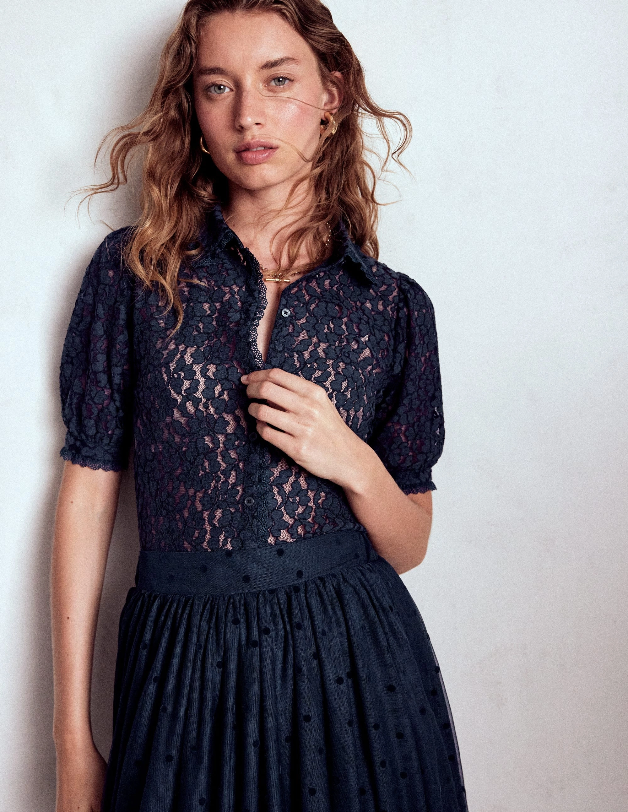 Short Sleeve Lace Blouse-Navy Hypoallergenic fabric