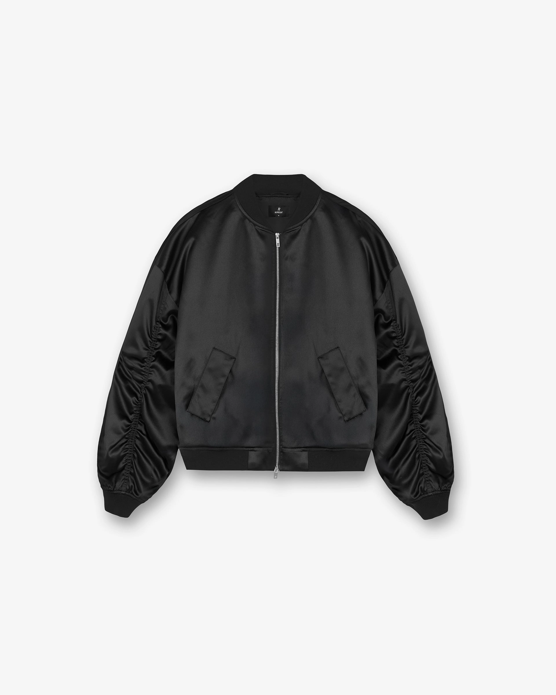 Light Reflective Zippers Casual Chill Look Satin Bomber - Black