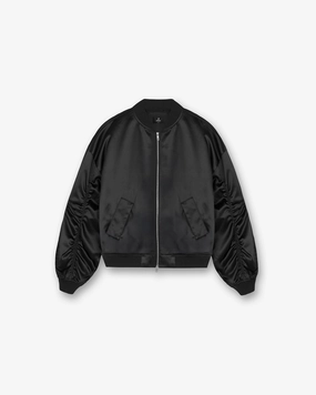 Light Reflective Zippers Casual Chill Look Satin Bomber - Black