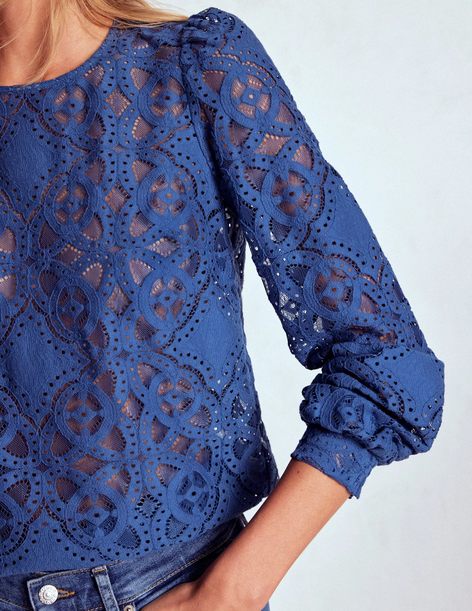 Biodegradable material Lace Crew Neck Top-Denim Blue