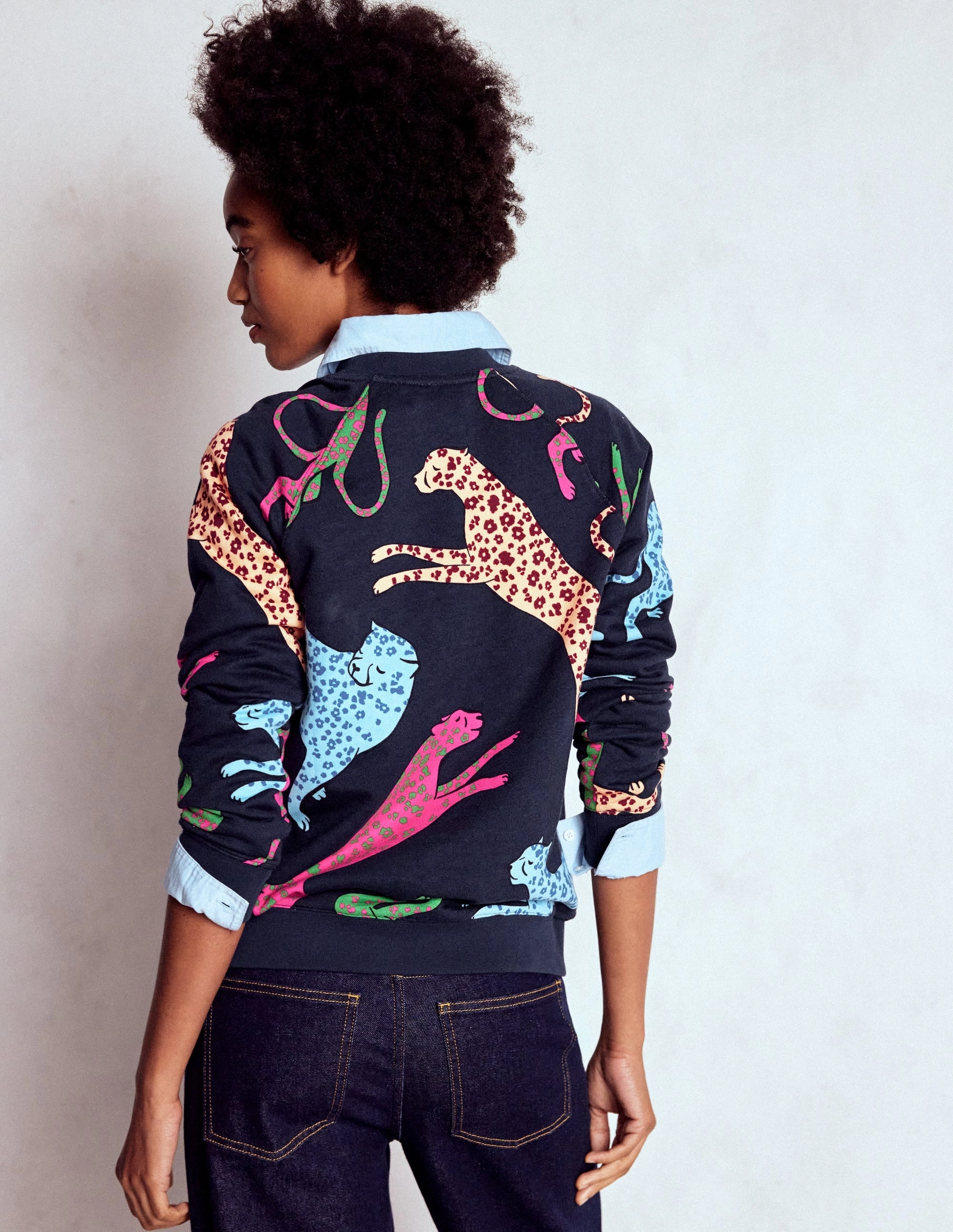 Rosa Printed Sweatshirt-Navy, Leaping Leopard Wrinkle Resistant Weave