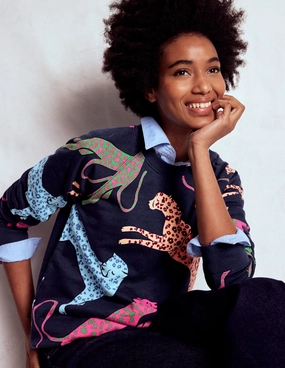 Minimalist Silhouette Cut Summer Blouse Rosa Printed Sweatshirt-Navy, Leaping Leopard