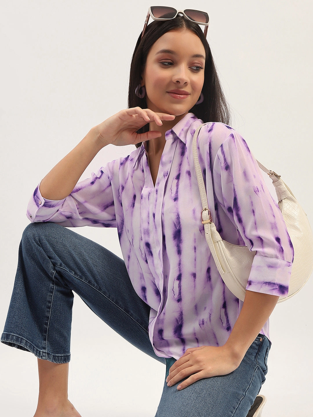 Madame Printed Full Sleeve Purple Shirt Adjustable Hem