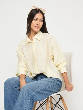 Madame Botanical Embroidery Off White Rayon Blend Shirt Glossy Texture Special Occasion