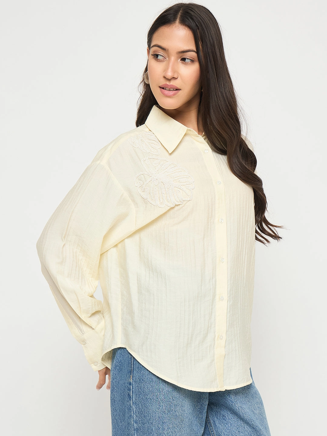 Quick Dry Construction Non Chafe Seams Madame Botanical Embroidery Off White Rayon Blend Shirt
