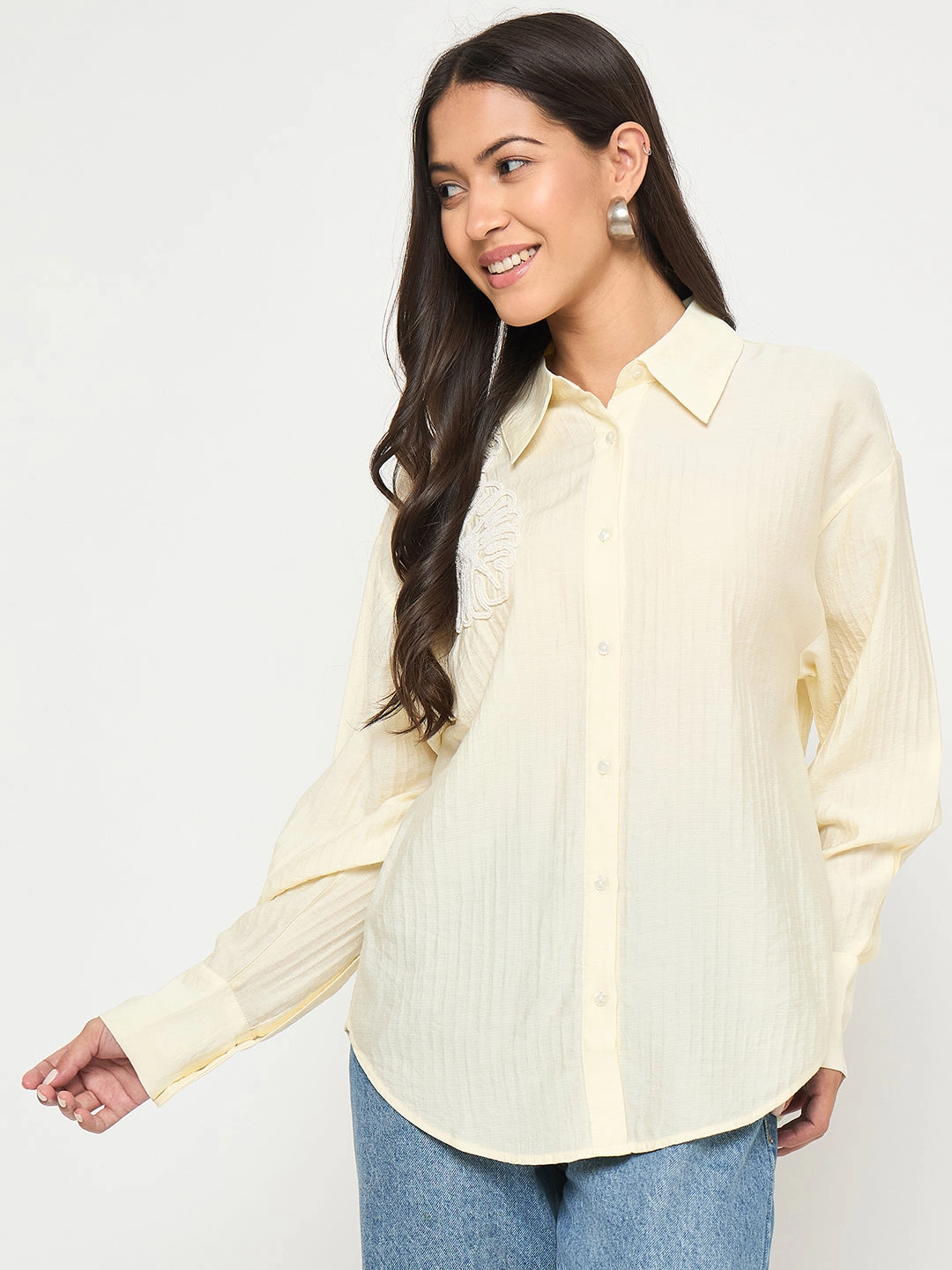 Madame Botanical Embroidery Off White Rayon Blend Shirt Comfort Wear Quality Look