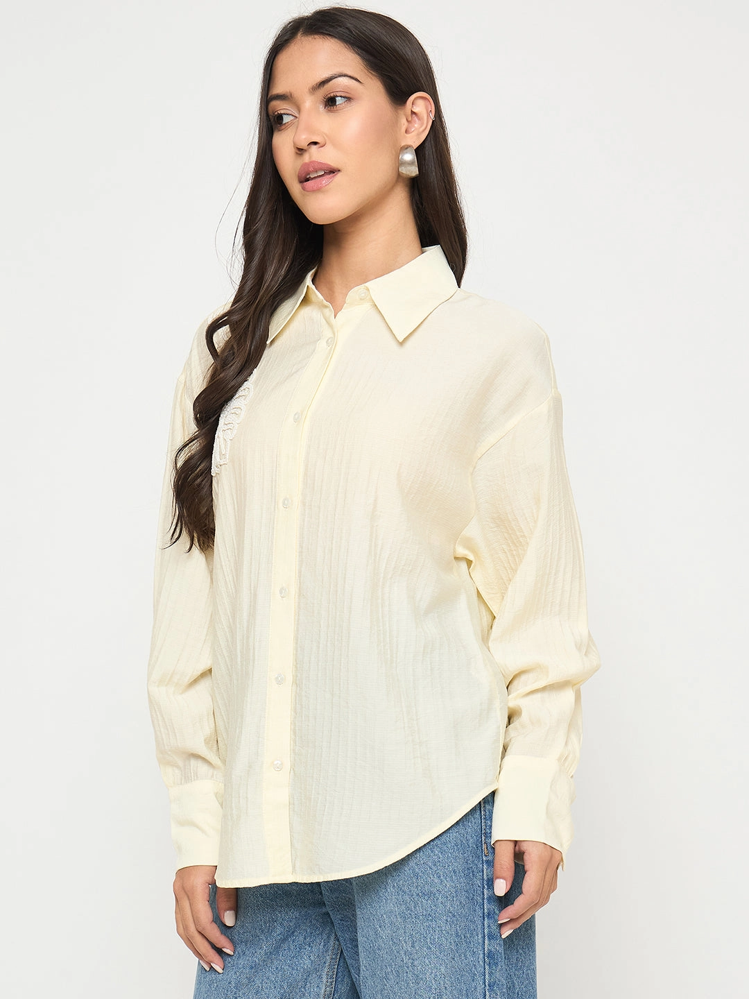 Conference Appropriate All day wearability Madame Botanical Embroidery Off White Rayon Blend Shirt